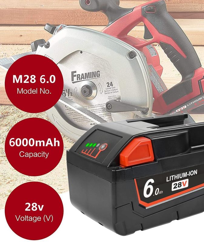 28V 6000mAh Milwaukee thay thế pin công cụ điện dễ cài đặt đầu ra ổn định với pin slide pack